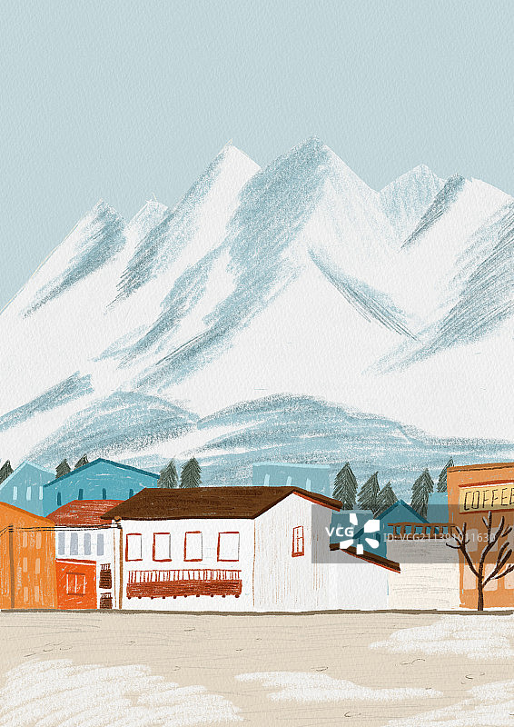 雪山下自然风光和房子图片素材