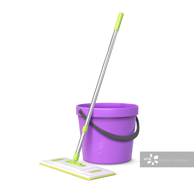 逼真3D拖把和塑料桶图片素材