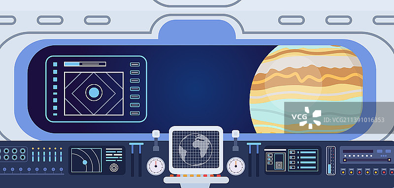 带控制面板仪表板的扁平宇宙飞船舱图片素材