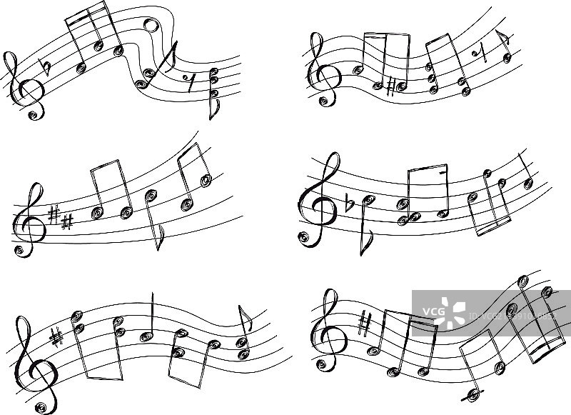 带音符和谱号的弯曲五线谱速写图片素材