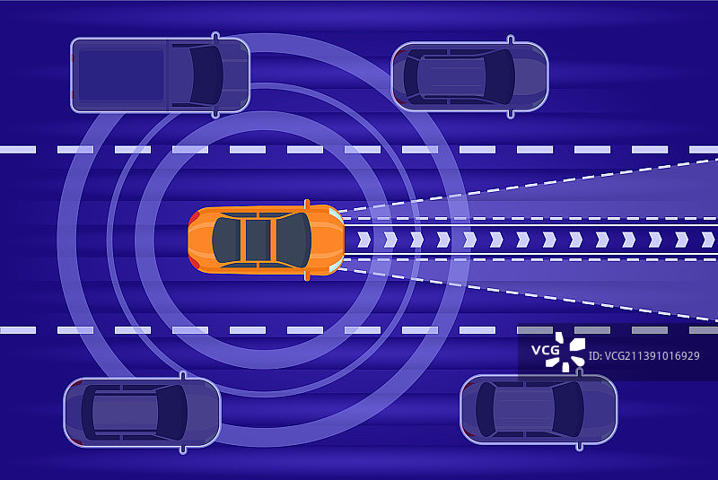 智能自动驾驶汽车在交通中行驶的俯视图图片素材