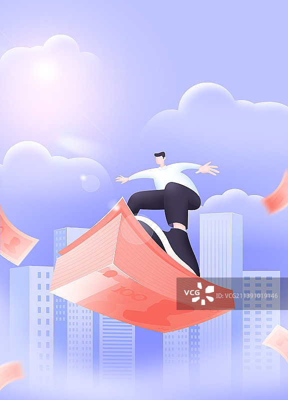 男人骑着钱飞行插画图片素材