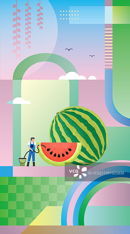 西瓜与小人抽象几何插画壁纸图片素材