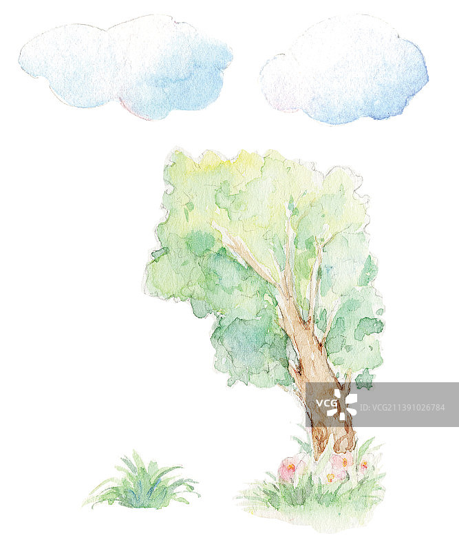 白色背景下水彩手绘一颗歪脖子树图片素材