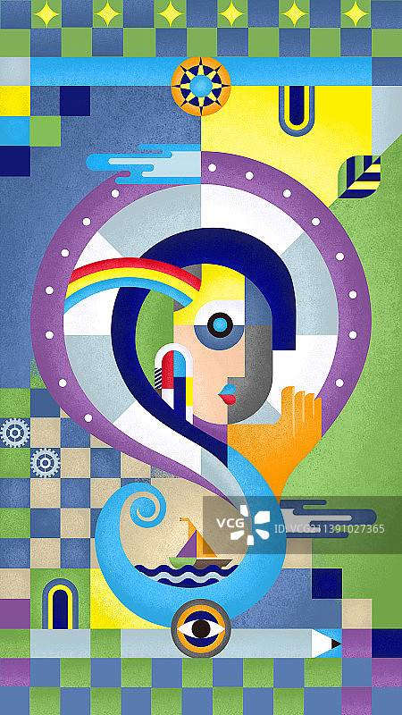 少女畅想未来抽象几何插画图片素材