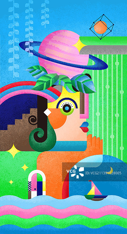 少女畅想未来抽象几何插画图片素材