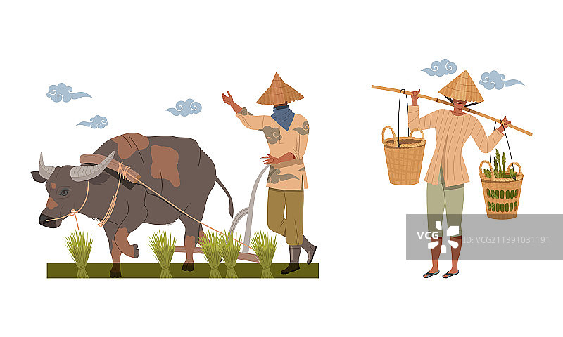 戴着斗笠的亚洲农民 carrying basket图片素材