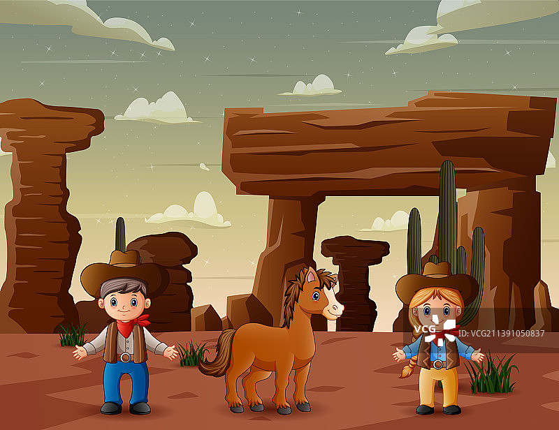 快乐的年轻牛仔和女牛仔与马图片素材