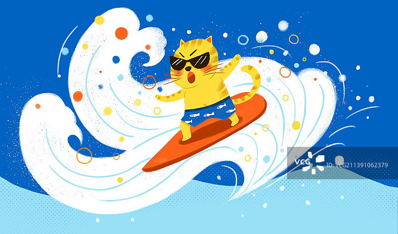一只带着墨镜正在冲浪的橘猫图片素材
