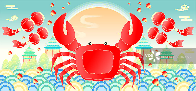 海鲜美食国潮中秋大闸蟹螃蟹广告矢量插画图片素材
