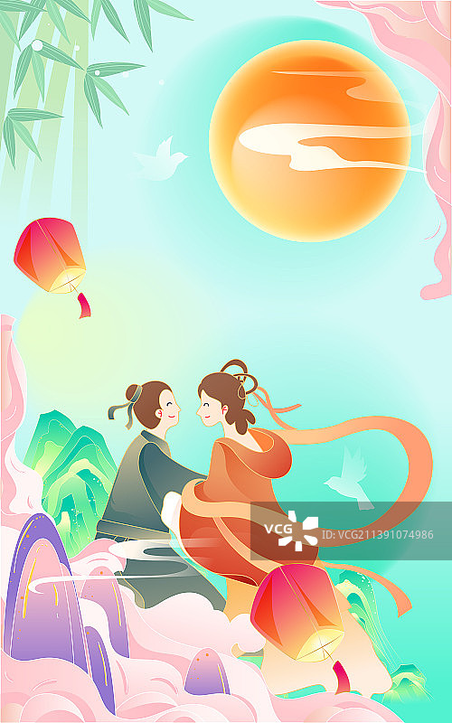 七夕情侣约会拥抱牛郎织女鹊桥相会国潮插画图片素材