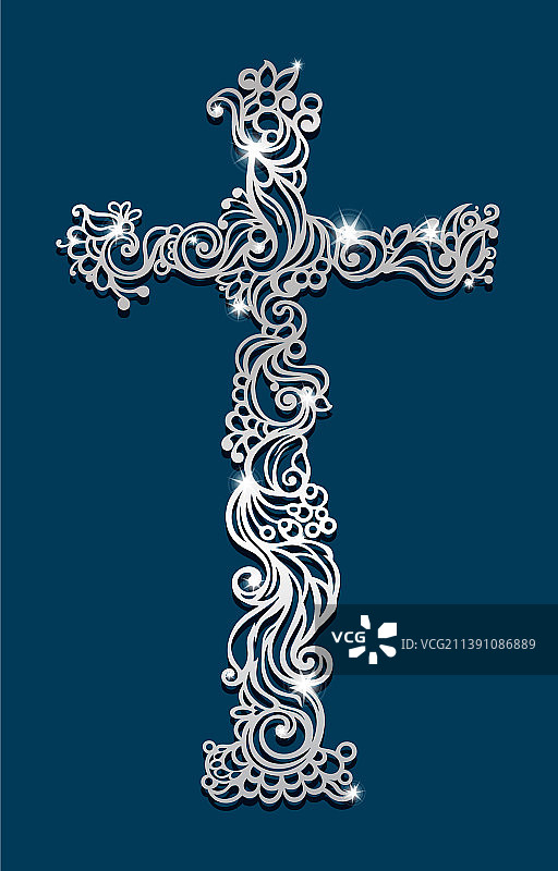 激光切割基督教符号的银色十字架图片素材