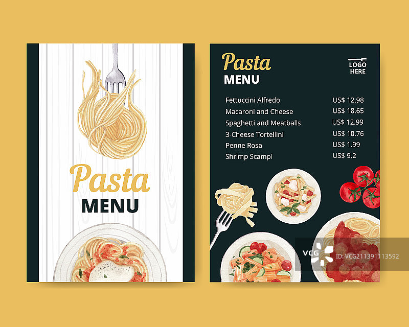 水彩风格意大利面菜单模板图片素材