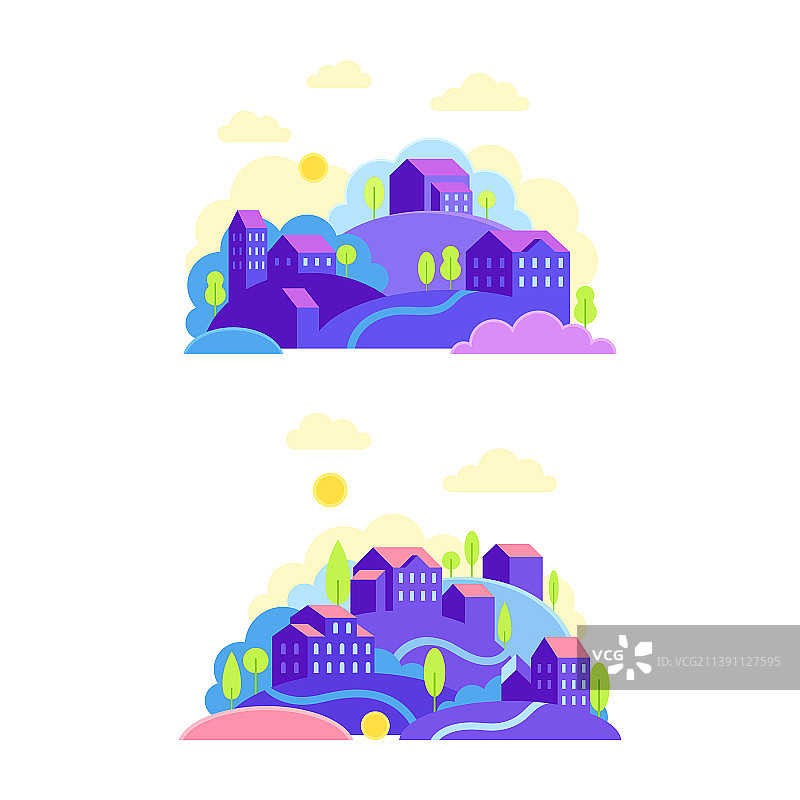 城市景观：房屋与丘陵图片素材