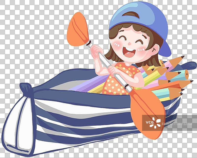 小女孩划船扁平风创意插画元素图片素材