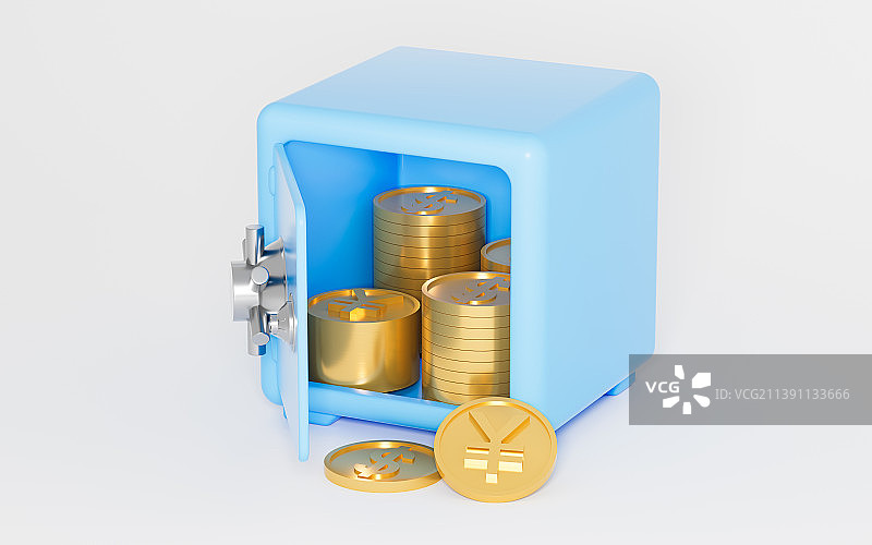 开门的保险箱与金币3D渲染图片素材