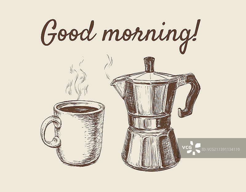 手绘咖啡杯与咖啡壶图片素材