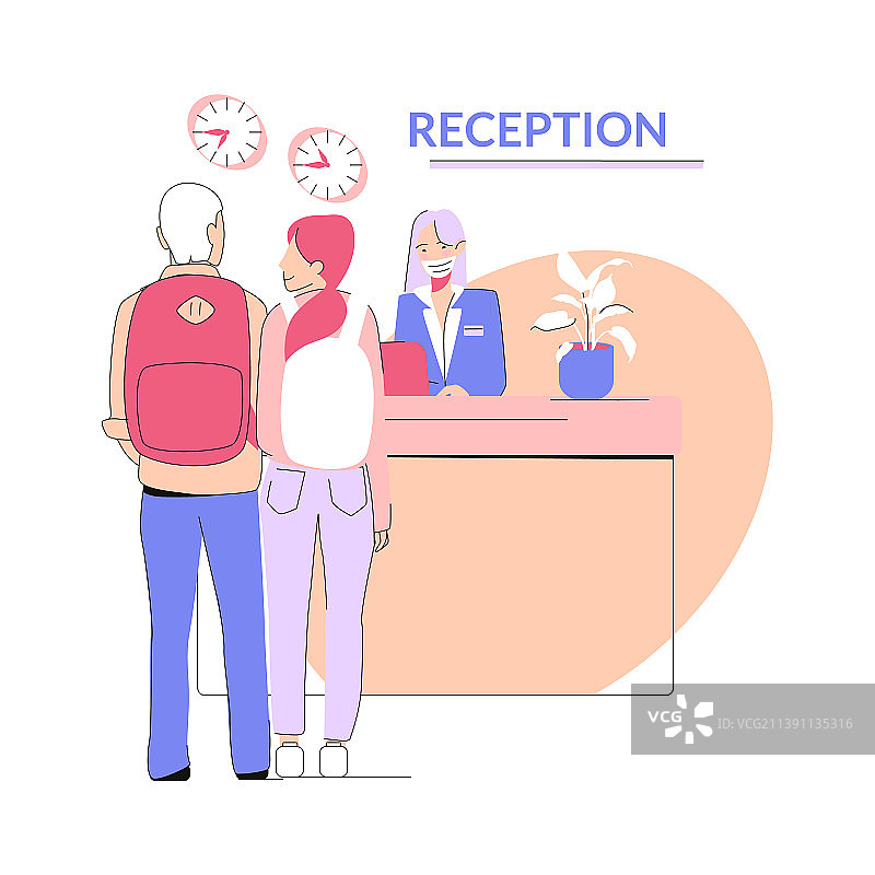 一对年轻人背着背包办理入住手续图片素材