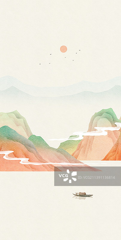 新中式风格山水风景插画图片素材