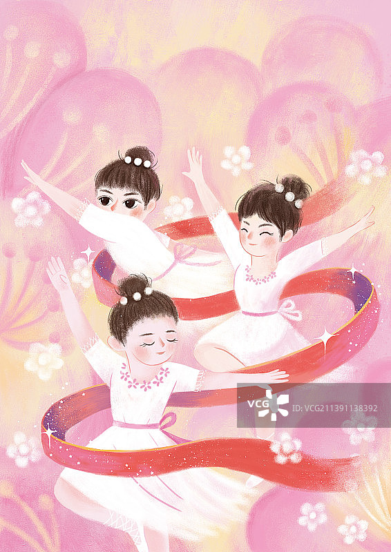 三个正在粉色背景上跳舞的女孩图片素材