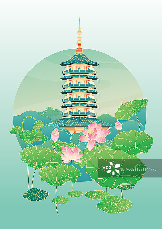 传统节气处暑杭州荷塘美景矢量海报图片素材