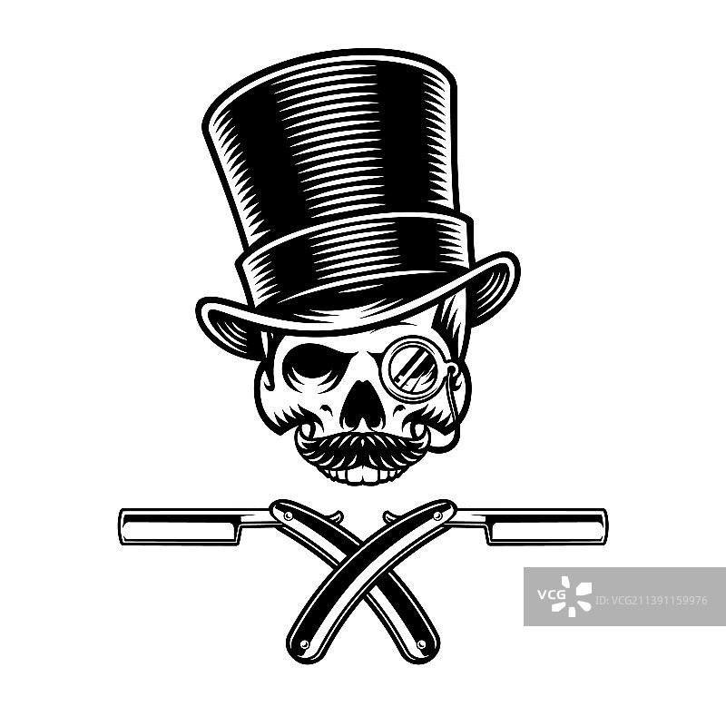 戴着高礼帽和单片眼镜的理发师骷髅图片素材