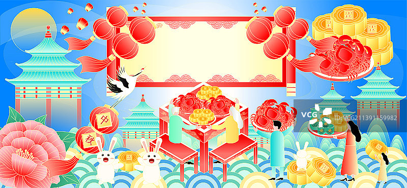 国潮中秋灯笼飘飞家庭团圆蟹宴欢庆矢量插画图片素材