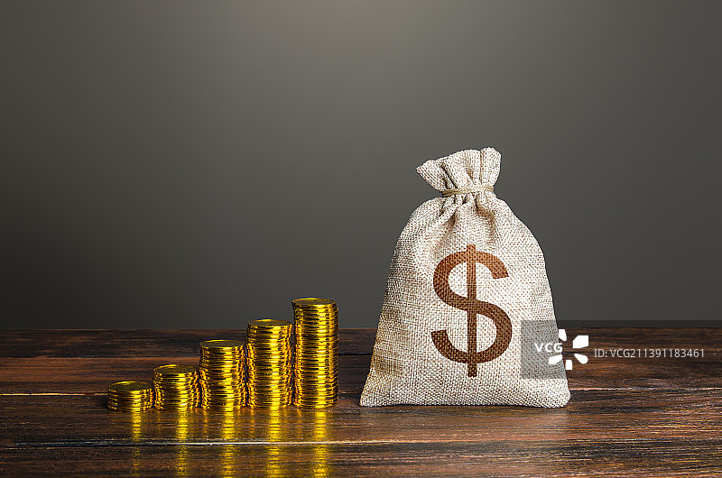 美元钱袋和不断增加的硬币堆栈，乌克兰图片素材