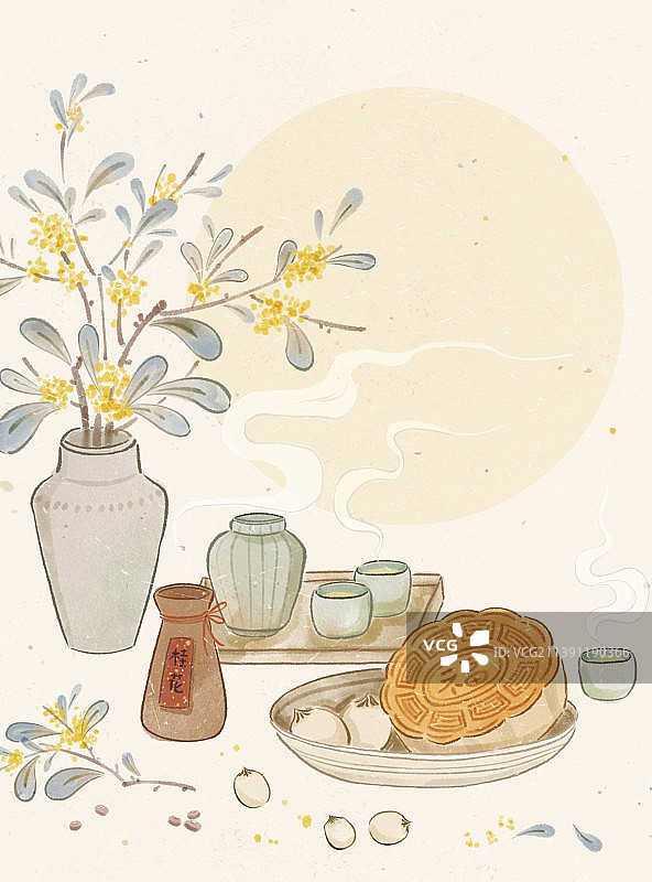 清新古风中秋吃月饼赏桂花饮桂花酒图片素材