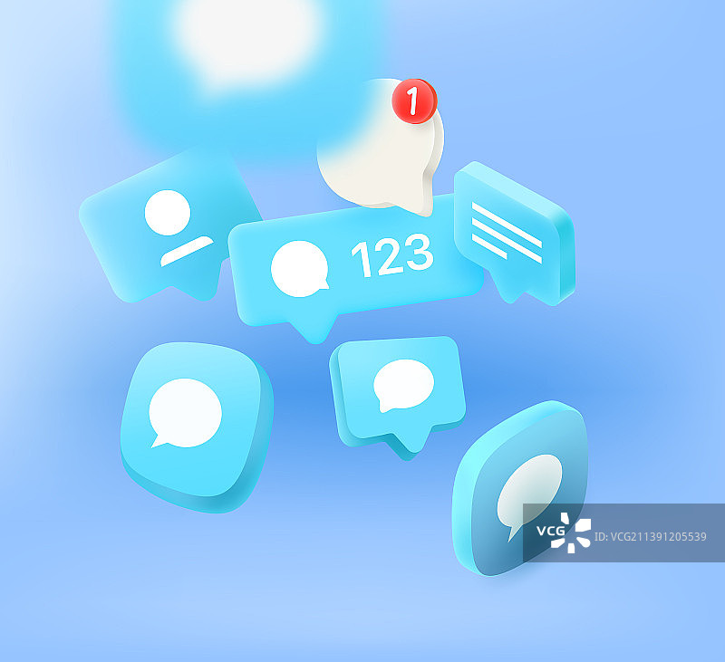 飞行的社交媒体通知和图标3D效果图片素材