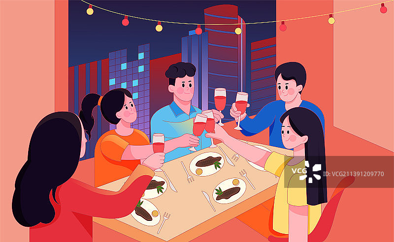 假期朋友一起吃饭喝酒看夜景图片素材