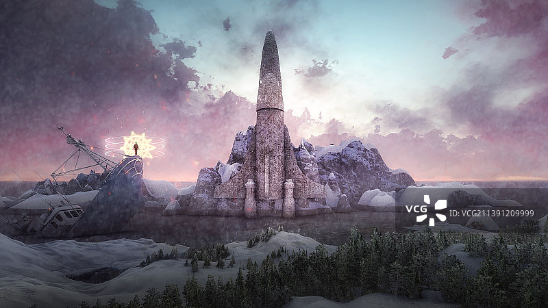 日落时白雪皑皑的群山景色和黑衣人图片素材