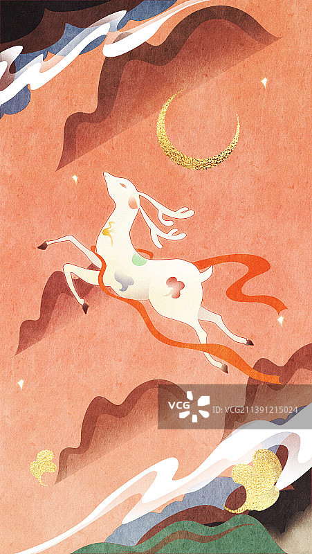 敦煌壁画神秘的九色鹿与月牙风景装饰插画图片素材