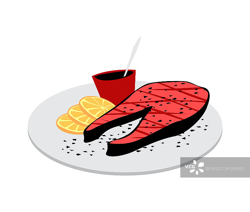 美味午餐：鱼排、柠檬片和酱汁图片素材