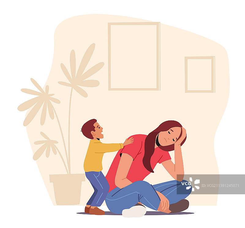 沮丧疲惫的母亲坐在地上，儿子在叫喊图片素材