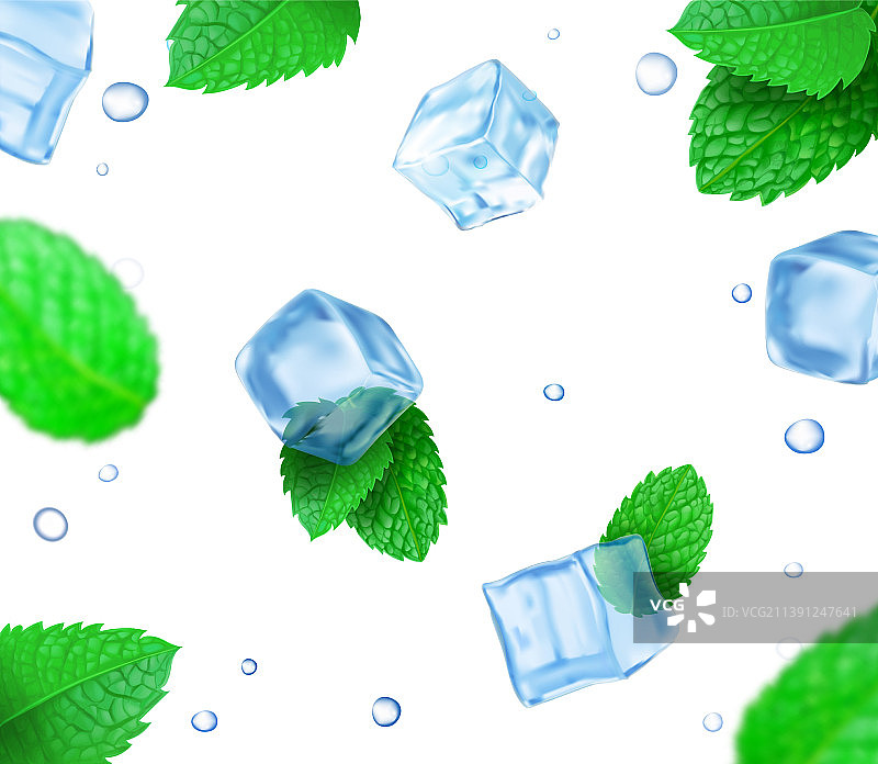 新鲜薄荷叶和透明冰块图片素材