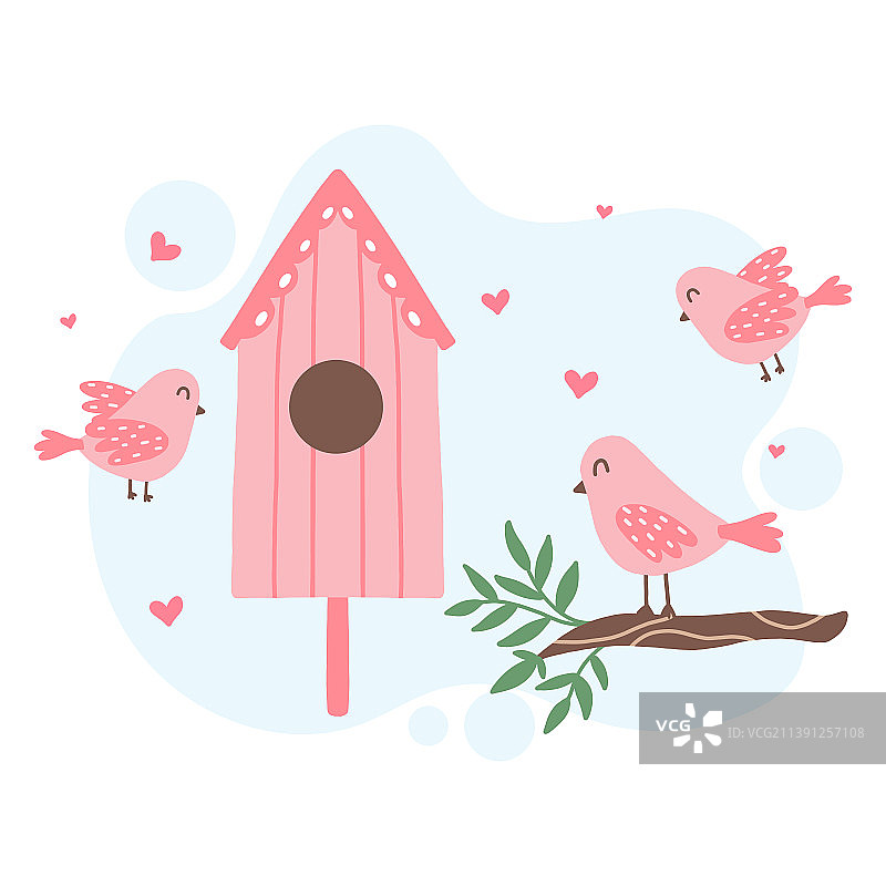 可爱粉色鸟屋和粉色小鸟图片素材