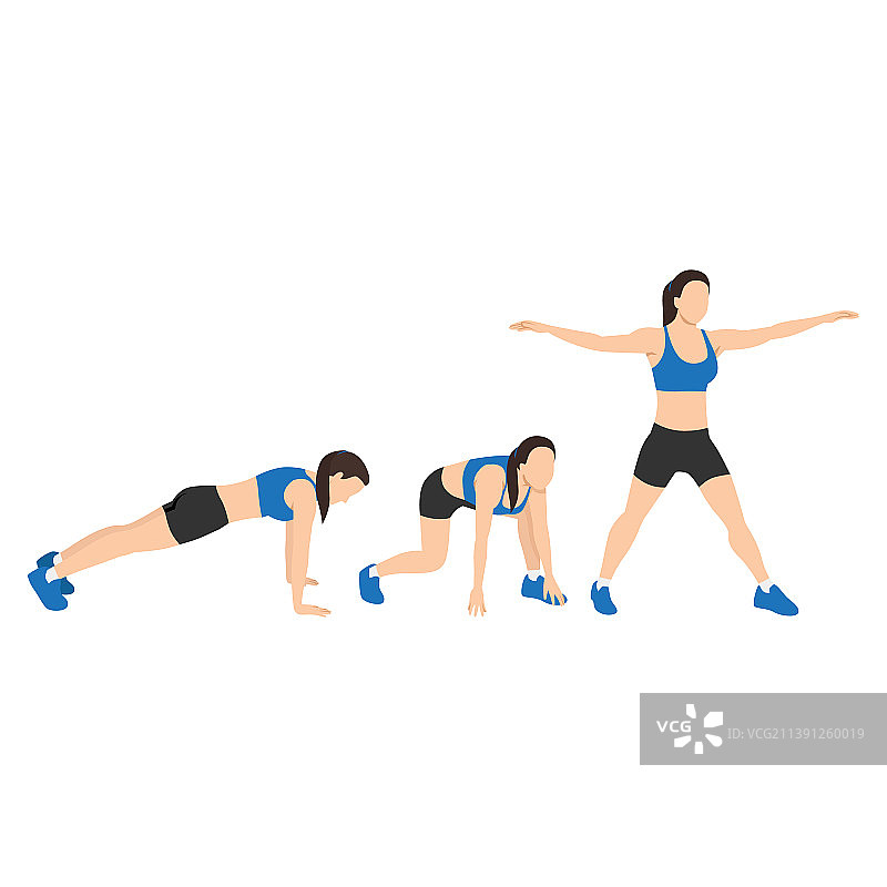 女性做冲浪波比跳运动扁平风格图片素材