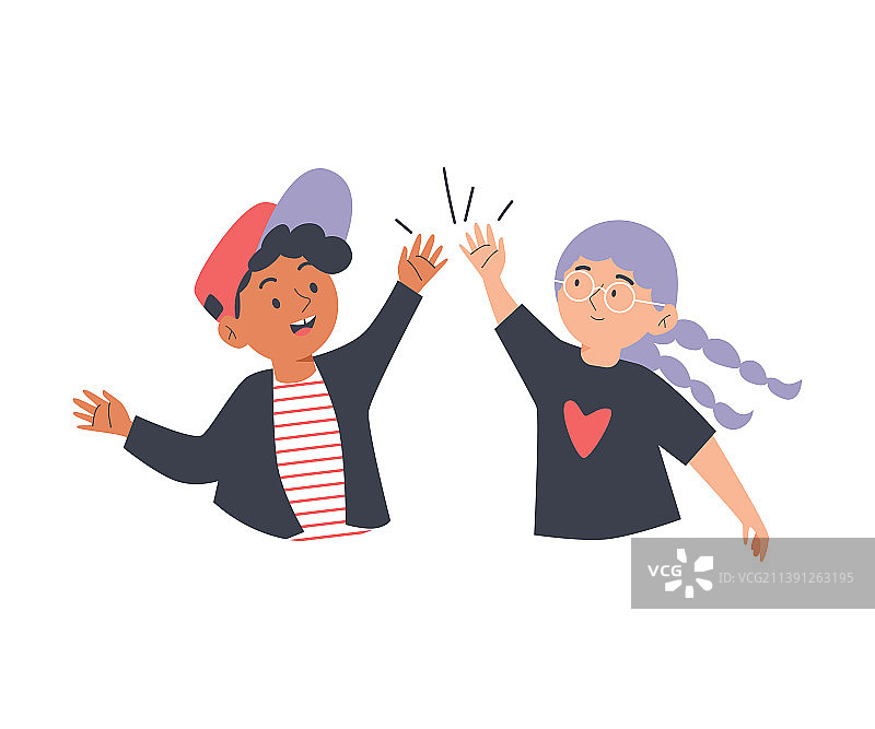 互相击掌问候的快乐男孩和女孩图片素材