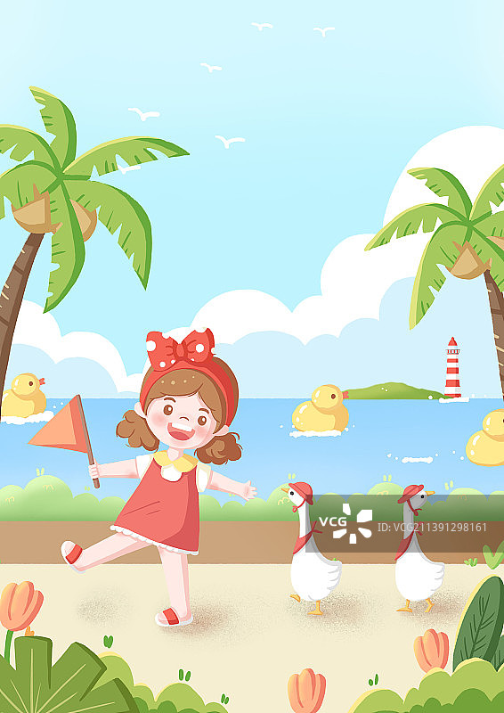 卡通女孩海边健身散步插画图片素材