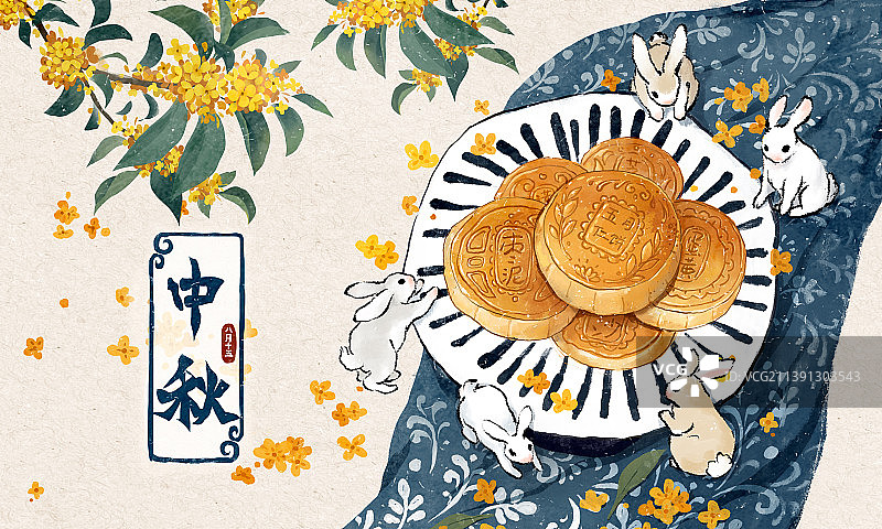 中秋节国潮风插画月饼桂花和兔子图片素材
