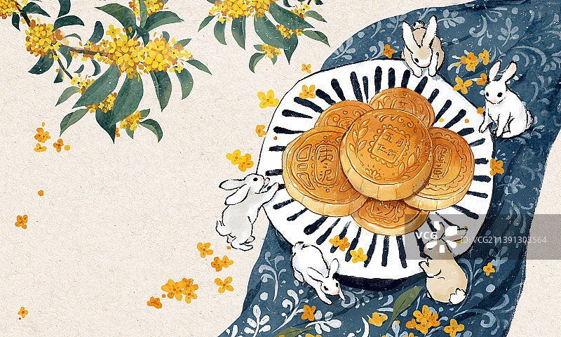 中秋节国潮风插画月饼桂花和兔子图片素材