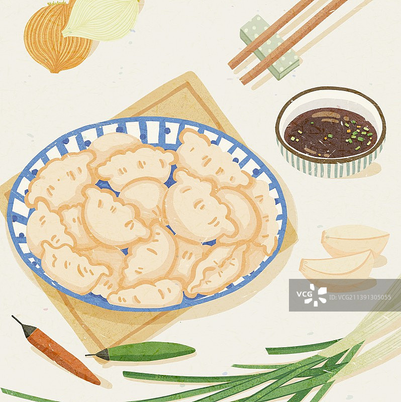 手绘美味的传统食物一盘饺子和小葱图片素材