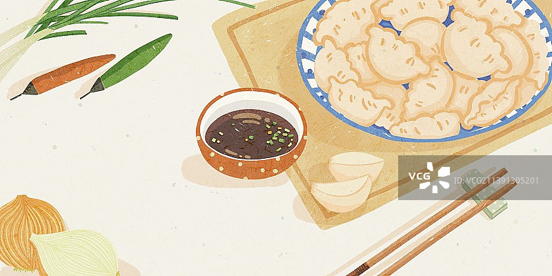 手绘美味传统食物饺子食醋和小葱图片素材