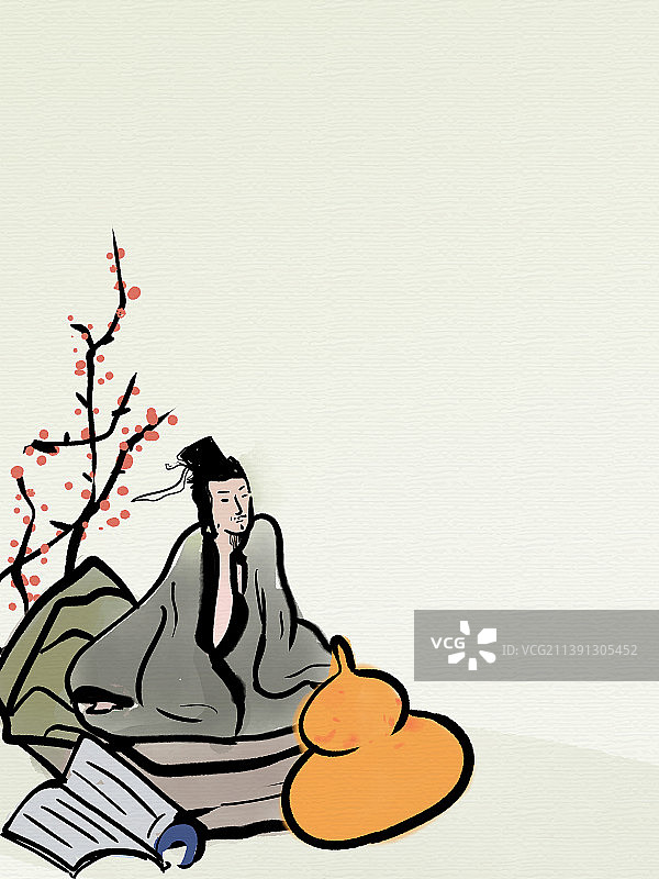 坐在石头上的古代男子饮酒作诗国风插画白酒插画图片素材