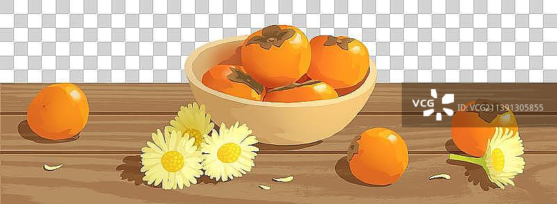 木质桌上的柿子和菊花图片素材