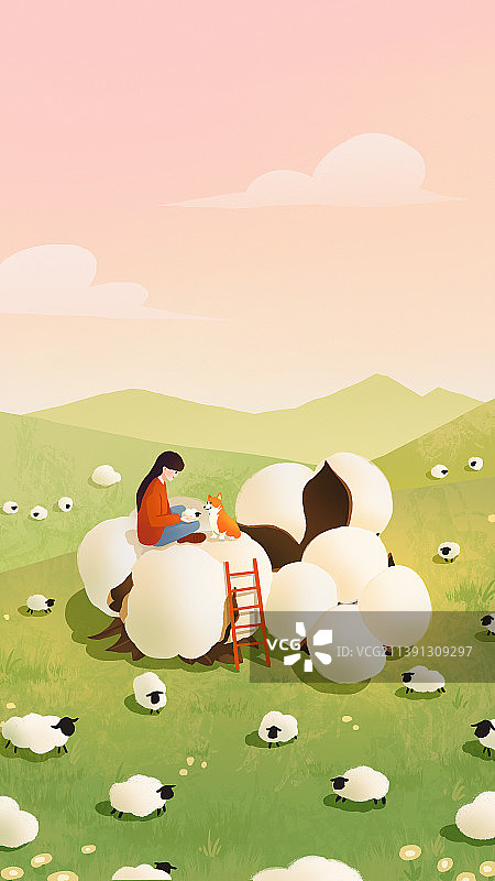 二十四节气之女孩和狗寒露摘棉花田野风景竖版图片素材