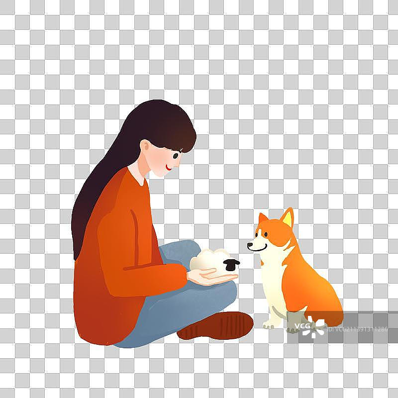 女孩和柯基坐着看绵羊玩偶图片素材