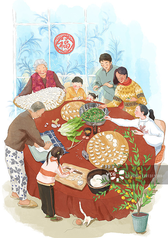 节气-冬至一家人包饺子图片素材