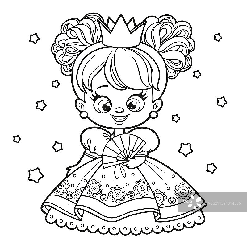 手持扇子的可爱卡通公主轮廓图片素材